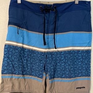 Patagonia Blue Striped Swim Trunks Mens Size 32 Button Drawstring Pocket